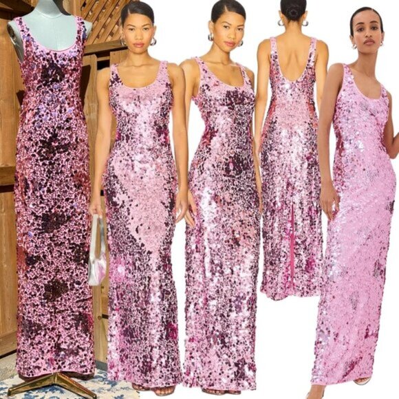 🆕 SIMKHAI 🧿 NWOT Bex Sequined Embellished Maxi Dress, Sorbet Pink- Sz US 0 - Picture 1 of 16